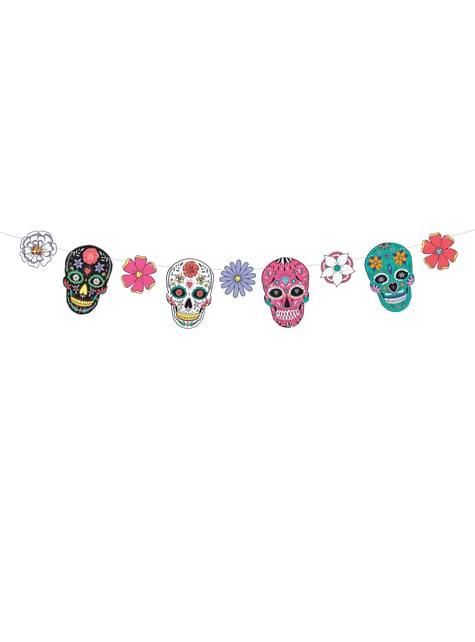 Multikleuren schedel en bloemenslinger - Day of the Dead