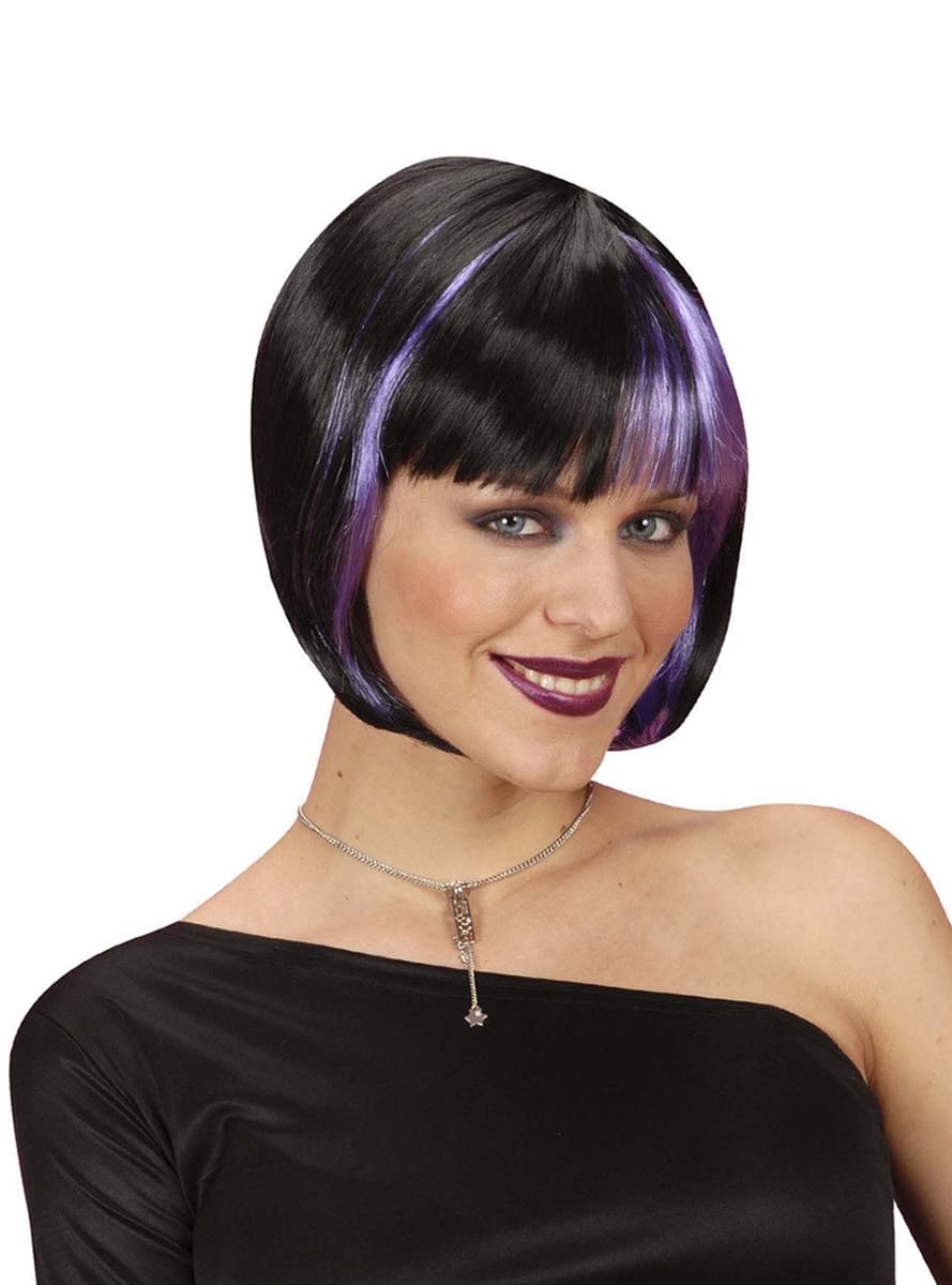 Peluca negra con mechas violetas para mujer