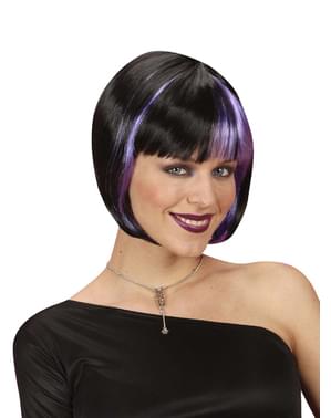 Peluca negra con mechas violetas para mujer