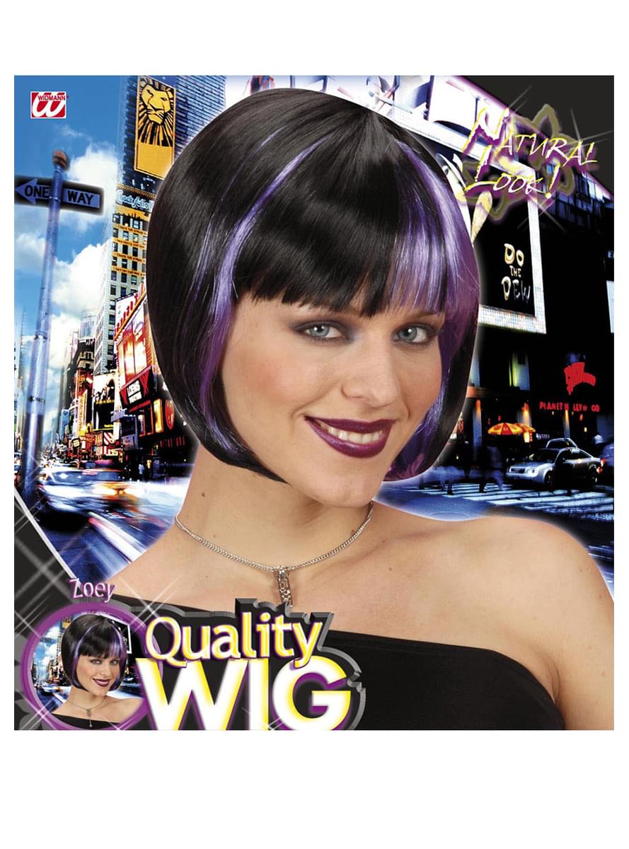 Peluca negra con mechas violetas para mujer