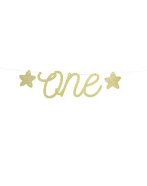 "Satu" karangan bunga emas dengan bintang - Pink 1st Birthday