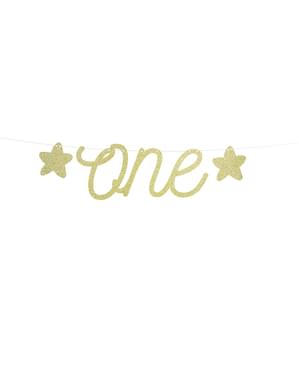 Златиста гирлянда със звезди и надпис „One“ – Pink 1st Birthday