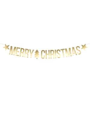 Гирлянда със златни звезди, елха и надпис „Merry Christmas“ – Christmas