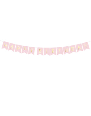 "Happy Birthday"배너, 파스텔 핑크 - 터치 오브 골드