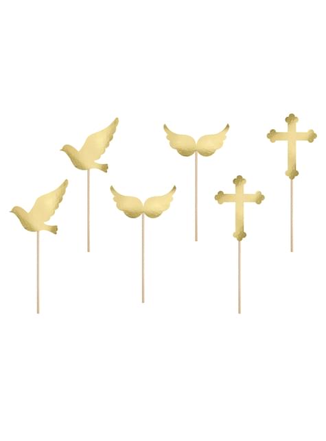 Set van 6 diverse gouden eerste communie cocktail prikkertjes - Eerste Communie