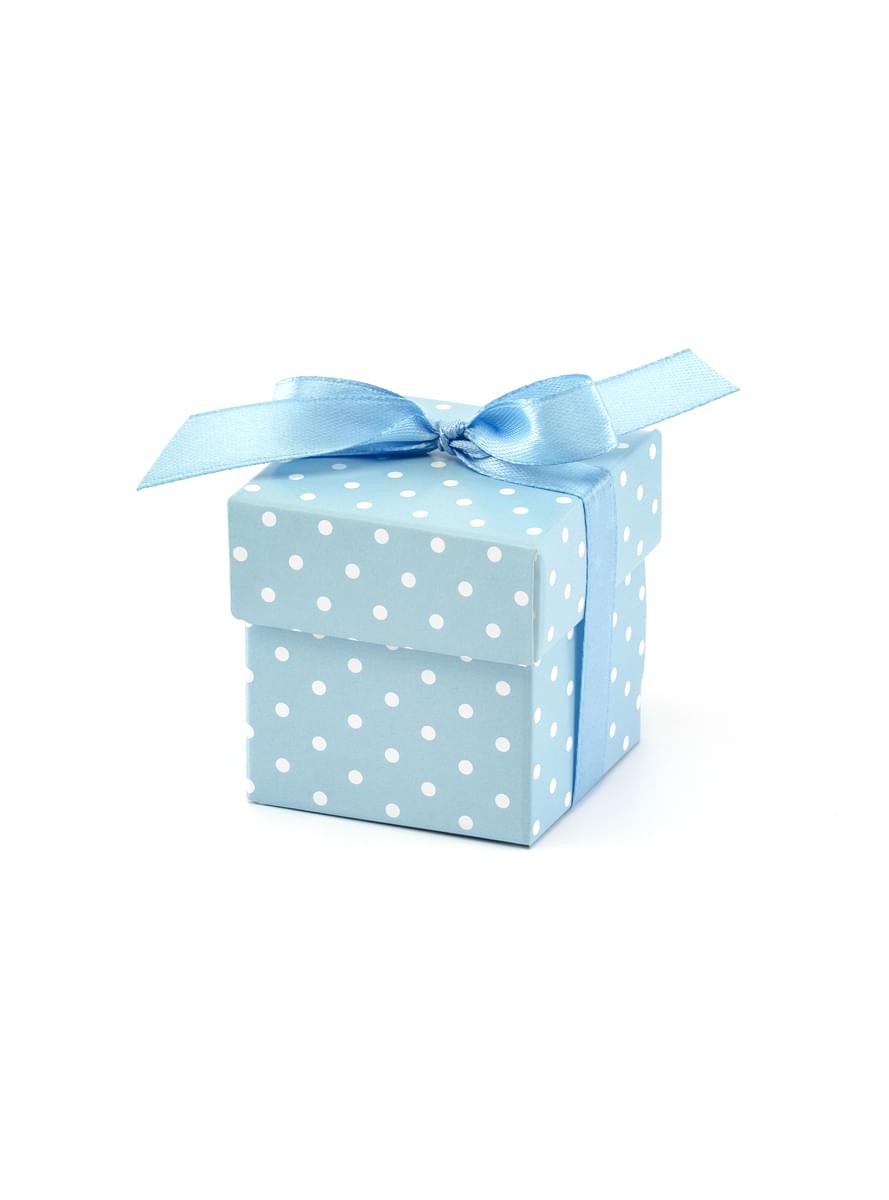 10 boîtes cadeaux bleues à pois blanches