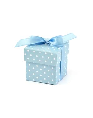 10 gift boxes in blue with white polka dots