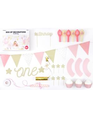"1-й день рождения" - комплект для украшения вечеринки в розовом