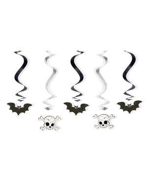 Set 5 spiral gantung berwarna hitam dengan kelelawar dan tengkorak - Halloween