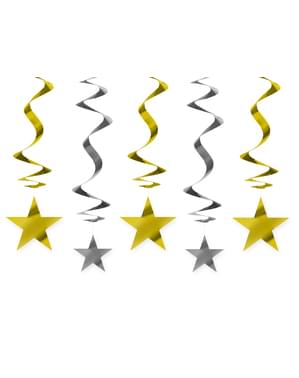 5 hanging spirals in gold and silver with stars - New Year & Carnival