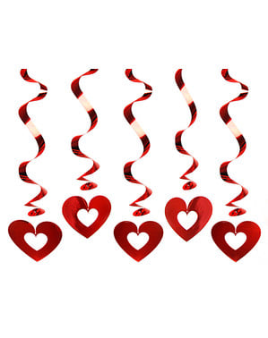 Kırmızı kalpler ile asılı 5 spiraller - Set Sevgililer Günü
