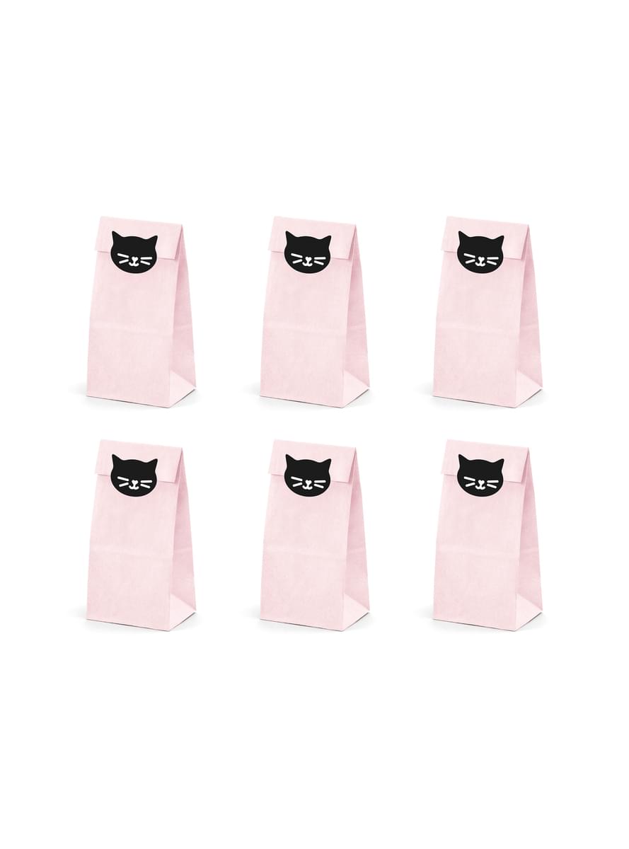 6 Pink Paper Bags with Cat Stickers - Meow Party
