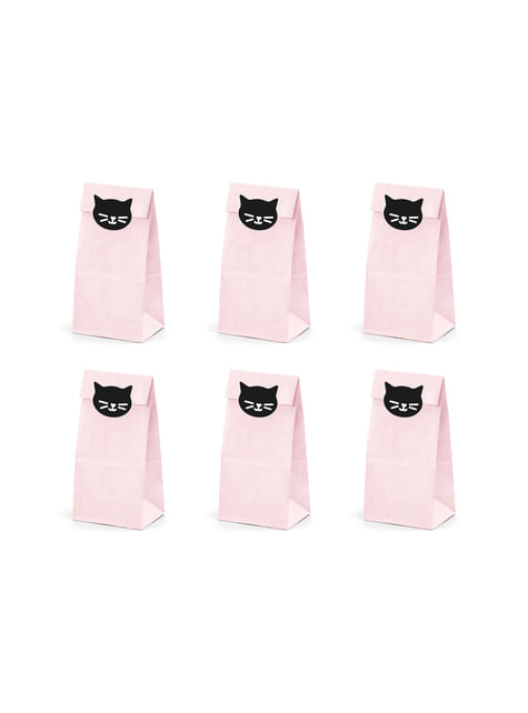 6 rosa Papiertüten mit Katzen-Aufklebern - Meow Party