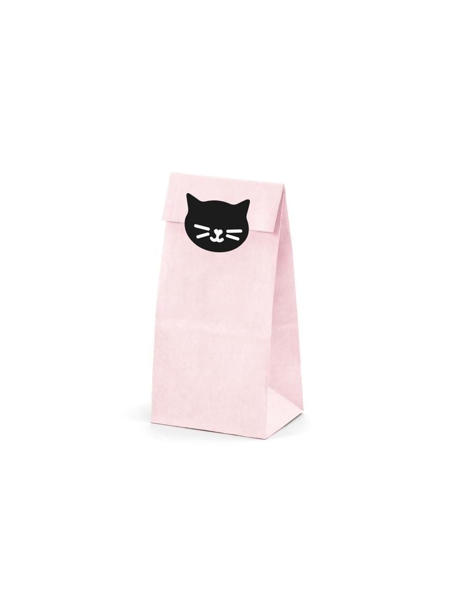 6 bolsas rosas de papel con pegatinas de gatos - Meow Party