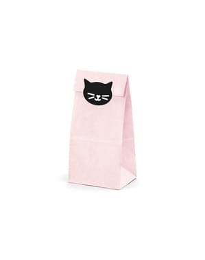6 Różowe papierowe torebki + naklejki Kot - Meow Party
