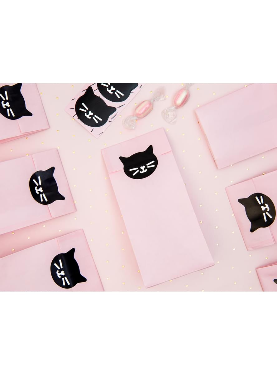 6 sachets roses en papier avec stickers chats - Meow Party