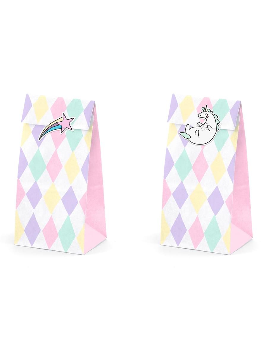 6 saquinhos de papel multicolor estampado com autocolantes unicórnio - Unicorn Collection