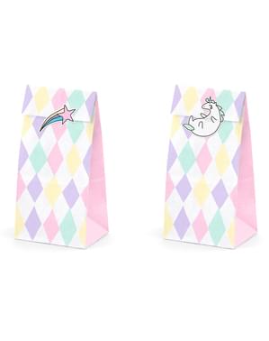 6 kolorowe papierowe torebki na przysmaki naklejki z jednorożcem - Unicorn Collection
