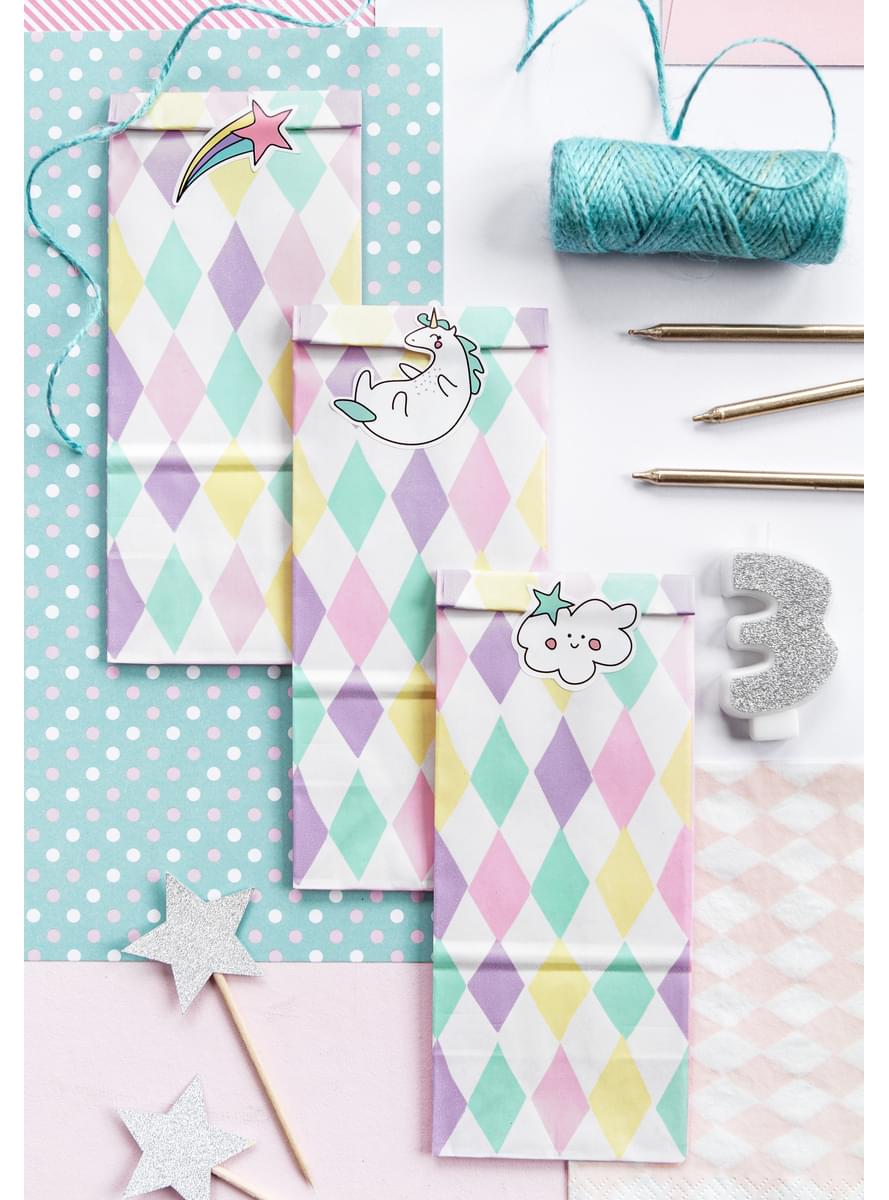 6 sachets en papier multicolores à motifs avec stickers licorne - Unicorn Collection