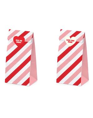 Set 6 Pink & Red Stripes Paper Treat Bags dengan Stiker - Sweet Love Collection