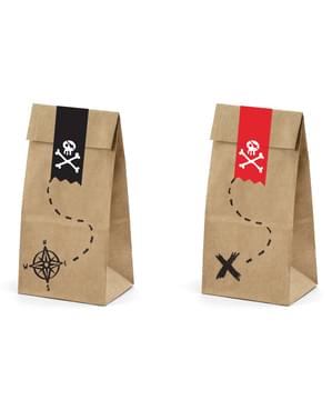6 sachets pirates en papier Kraft avec stickers pirates - Piratas Party