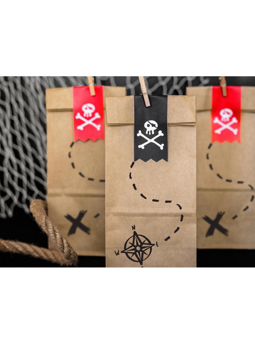 6 Kraft Paper Treat Bags with Pirate Stickers - Pirates Party
