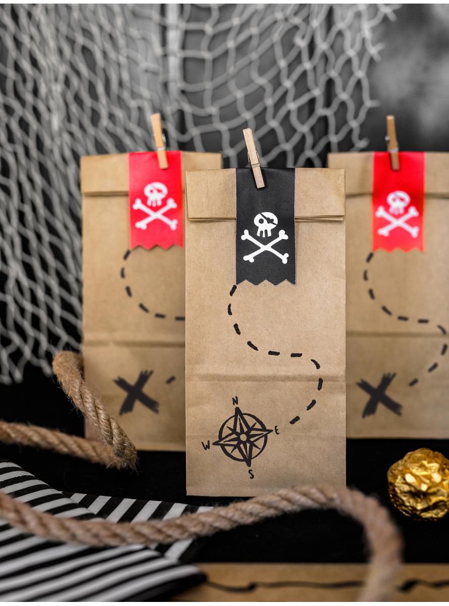 6 Kraft Paper Treat Bags with Pirate Stickers - Pirates Party