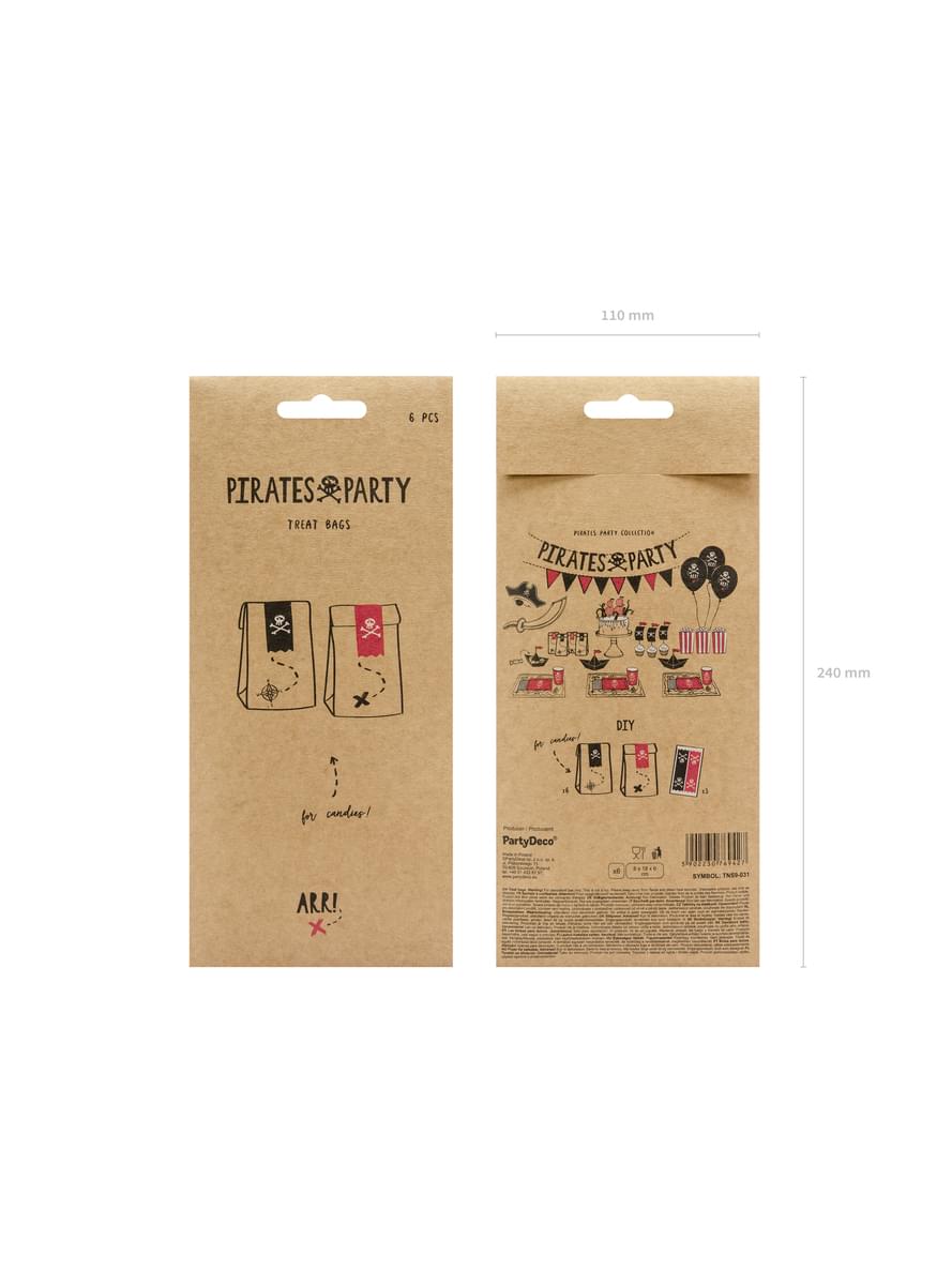 6 sachets pirates en papier Kraft avec stickers pirates - Piratas Party