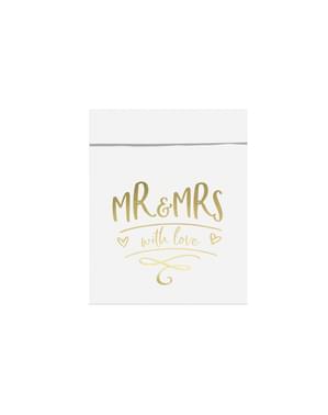 Set 6 "Mr & Mrs" White Treat Bags dengan Teks Emas - Pernikahan Emas