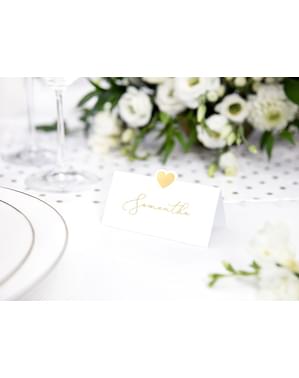 10 cartões de papel brancos com coração dourado para mesa