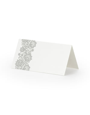 ग्रे फूलों के साथ 25 व्हाइट पेपर प्लेस कार्ड का सेट