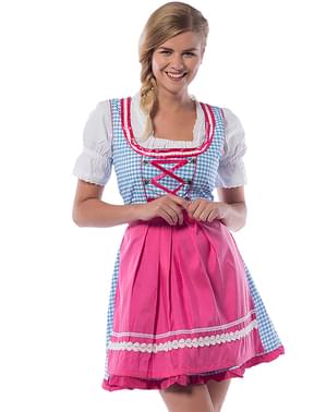 Dirndl Oktoberfest cor-de-rosa e azul para mulher