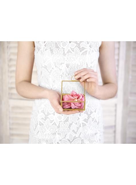 Gjennomsiktig krystall bryllupsring holder med gullkanter