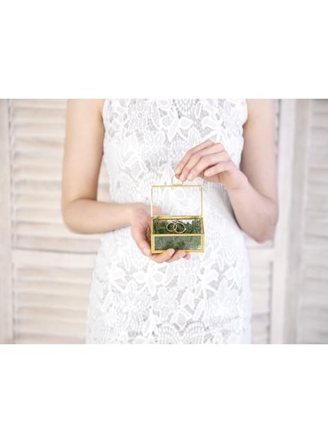 Gjennomsiktig krystall bryllupsring holder med gullkanter