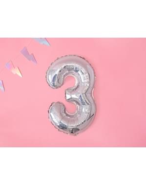 "3" Foil balon berwarna perak dengan glitter