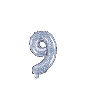 "9" Foil balon berwarna perak dengan glitter