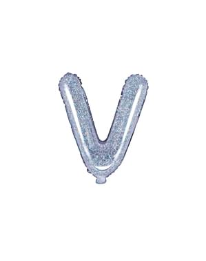 Sølv folieballong bokstav V med glitter