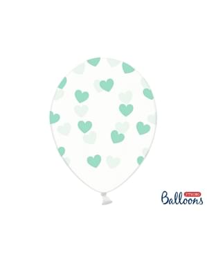 6 ballonger med gröna hjärtan (30 cm)