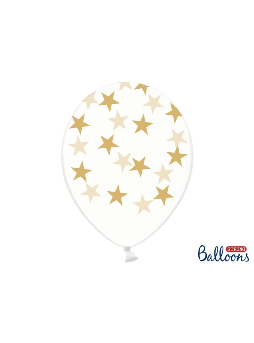 6 Luftballons transparent mit goldenen Sternen (30 cm)