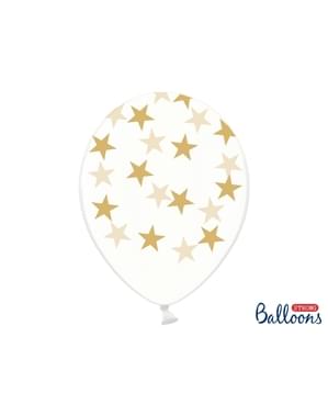 6 balloons transparent with golden stars (30 cm)