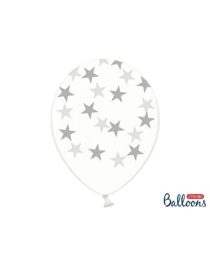 6 ballonger genomskinliga med silverfärgade stjärnor (30 cm)