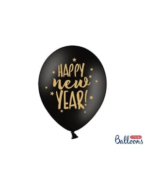 Balon lateks 6 "Selamat Tahun Baru" untuk Malam Tahun Baru berwarna hitam dan emas (30 cm)