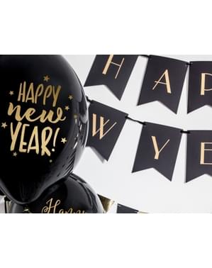 Balon lateks 6 "Selamat Tahun Baru" untuk Malam Tahun Baru berwarna hitam dan emas (30 cm)