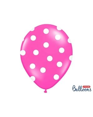 6 ballonger i rosa med hvit polka prikker (30 cm)