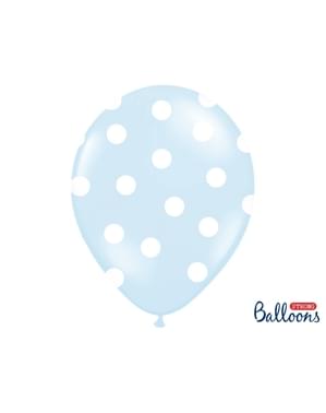 6 ballonger i pastell blå med hvit polka prikker (30 cm)