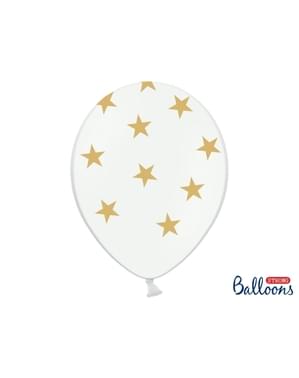 Altın yıldız ile beyaz 6 balon (30 cm)