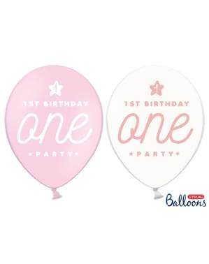 गुलाबी में पहले जन्मदिन के लिए 6 अतिरिक्त मजबूत गुब्बारे (30 सेमी)