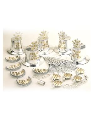 Kit fiesta Feliz Año Nuevo plateado para 10 personas