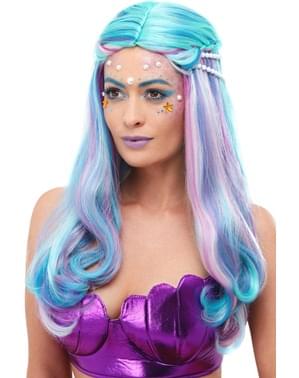 Peruca de sereia multicolor com pérolas para mulher