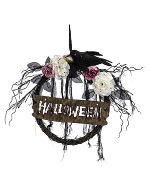 Corona con corvo e fiori per Halloween (41cm )